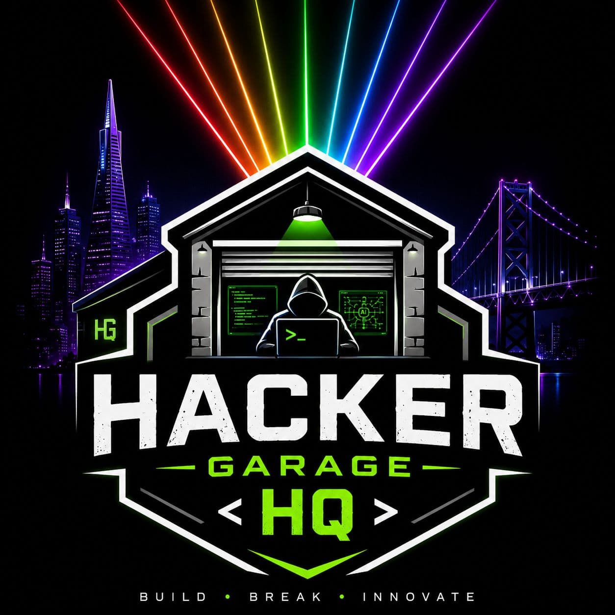 Hacker Garage HQ shield — neon laser rays, city skyline, and a hooded hacker silhouette inside a garage